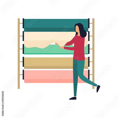 A woman chooses a multi-colored fabric for sewing fashionable clothes. Fashion designer, seamstress, atelier worker, buyer in a haberdashery, textile store. Flat vector illustration white background.