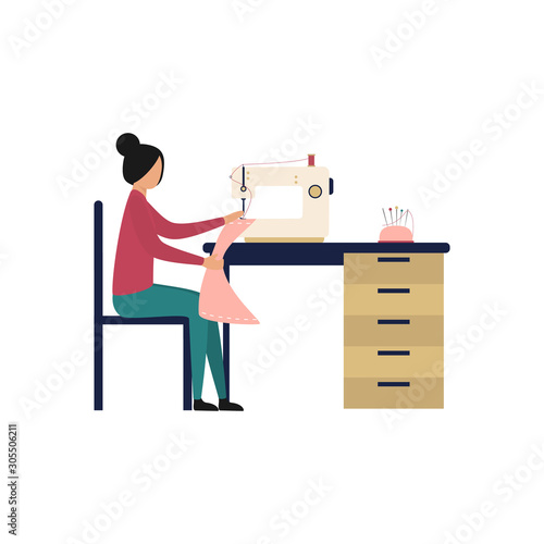 Woman sews a dress on an electric sewing machine. A seamstress sits at a table in a fashion atelier, a tailoring studio. Flat vector illustration isolated on white background.