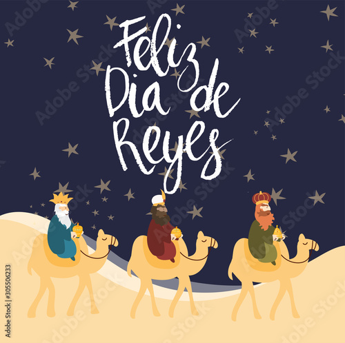 Vector illustration card for Epiphany celebration. Cute cartoon character of three wise men. Caption translation: Happy Three Kings Day