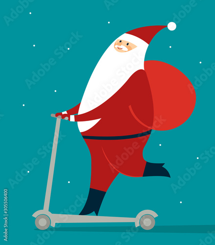 Happy Santa Claus  skating on push scooter