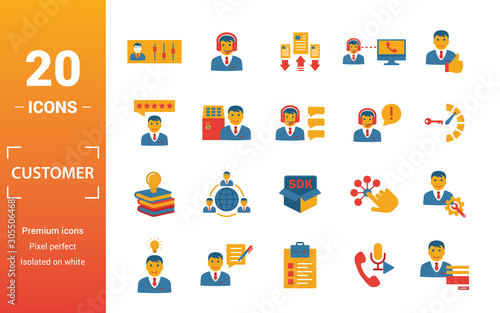 Customer Service icon set. Include creative elements agent console, case priority, satisfaction, helpdesk, knowledge base icons. Can be used for report, presentation, diagram, web design