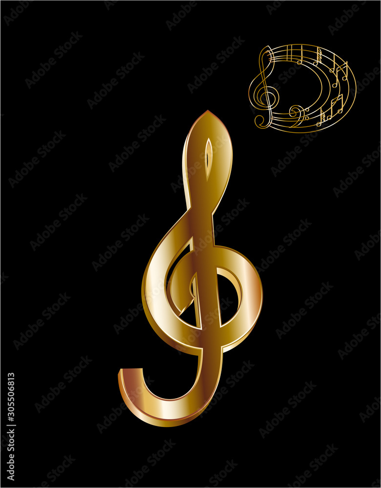 Sign. Massive 3D treble clef. Gold jewelry. Modern and elegant design style. illustration