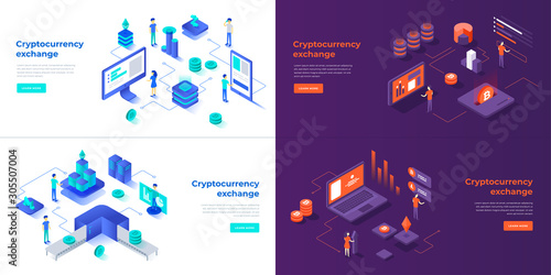 Cryptocurrency exchange and blockchain 3d isometric vector set.