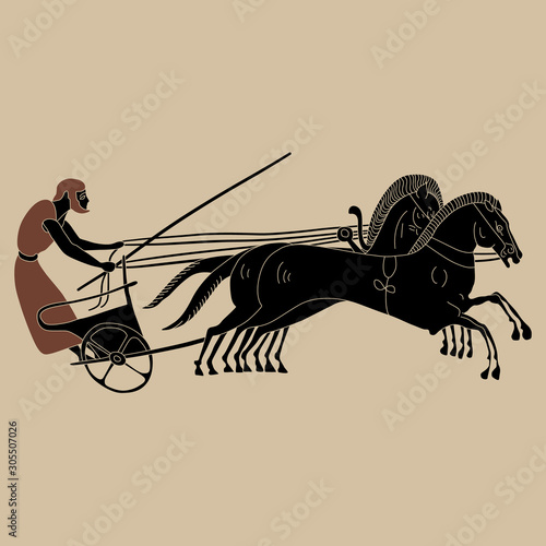 Ancient Greek charioteer riding a horse-drawn chariot. Vase painting racing motif.