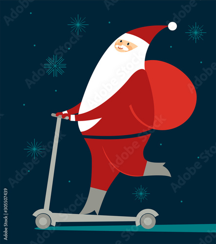 Happy Santa Claus   skating on push scooter