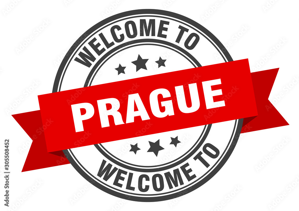 Prague stamp. welcome to Prague red sign