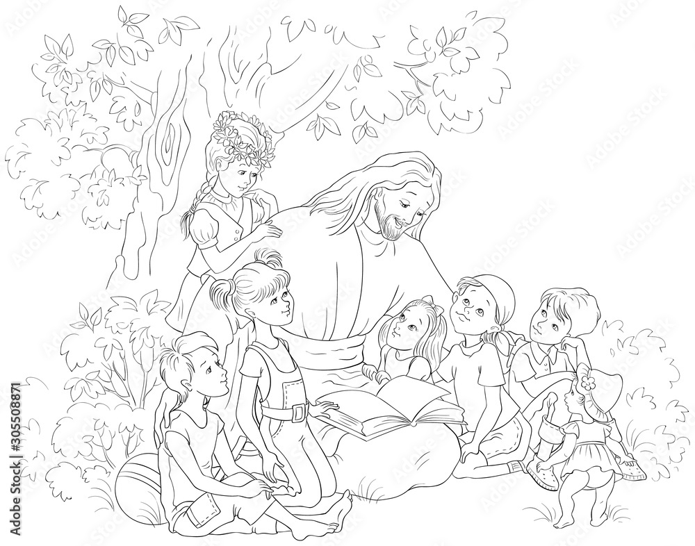 Fototapeta Kolorowanka Jezus czyta Biblię z dziećmi. Wektor kreskówka chrześcijańska czarno-biała ilustracja
