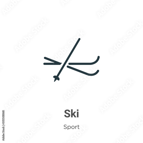 Ski outline vector icon. Thin line black ski icon, flat vector simple element illustration from editable sport concept isolated on white background