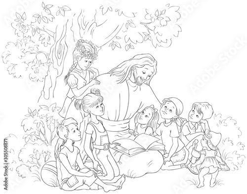 Jesus reading the Bible with Children coloring page. Vector cartoon christian black and white illustration