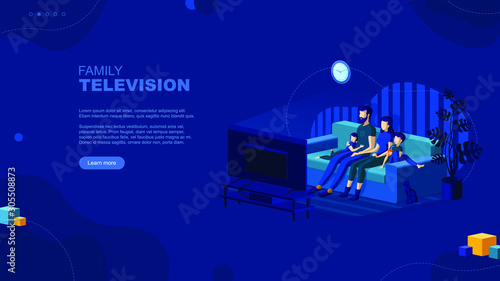 Trendy flat illustration. Family television page concept. Family watches TV. Cable TV. Family leisure. Template for your design works. Vector graphics.