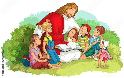Jesus reading the Bible with Children isolated on white. Vector cartoon christian illustration