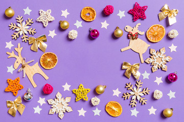 Christmas collection, gifts and decorative ornaments, on blue background. photographic montage