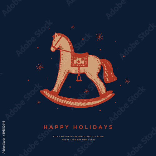Traditional wooden engraving style rocking horse toy. Christmas holiday decor. Template for greeting cards for the winter vacations. Vector seasonal illustration.