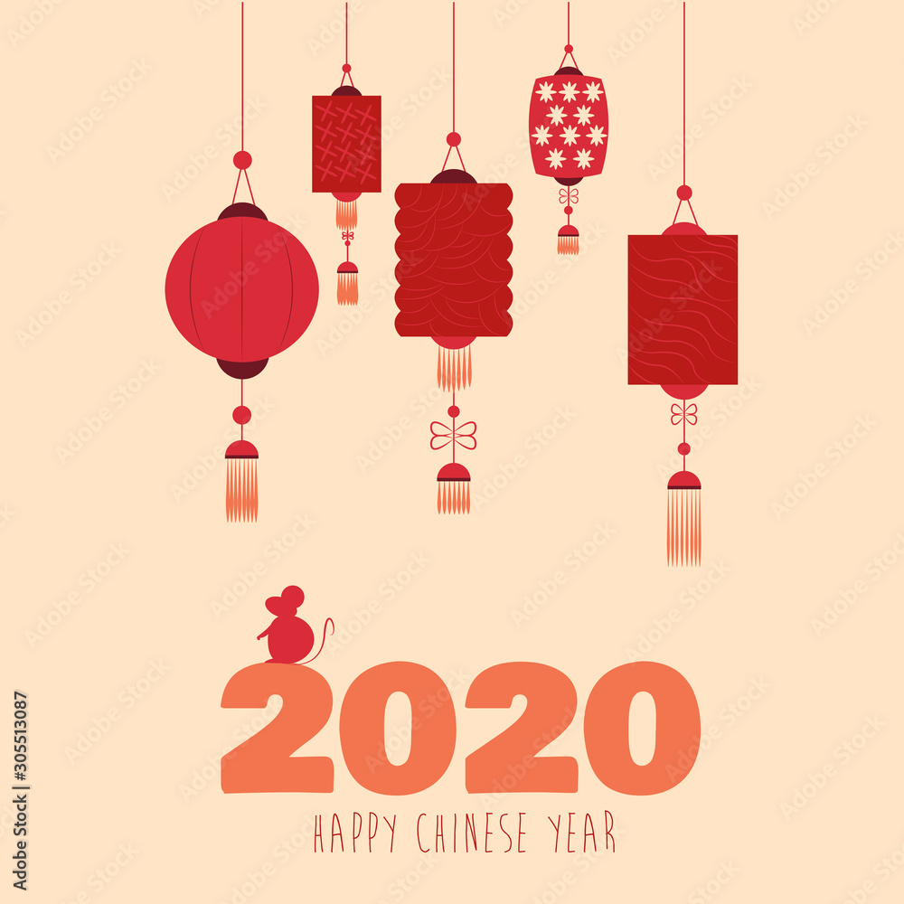 Naklejka premium red paper latern rat year 2020. flat design illustration