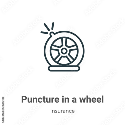 Puncture in a wheel outline vector icon. Thin line black puncture in a wheel icon, flat vector simple element illustration from editable insurance concept isolated on white background