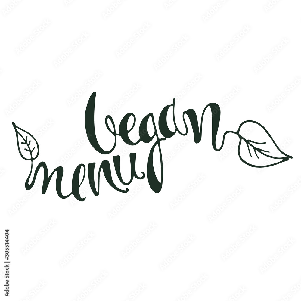 Vegan Menu hand lettering with floral decoration isolated on white background. Logo, label, header Vegan Menu hand lettering with floral decoration isolated on white background. Logo, label, header