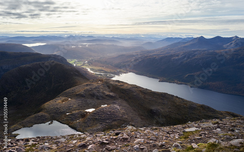 Two small Lochans, Loch Maree and the summit of Beinn Eighe  in the distance from near the summit of Slioch in the Scottish Highlands.