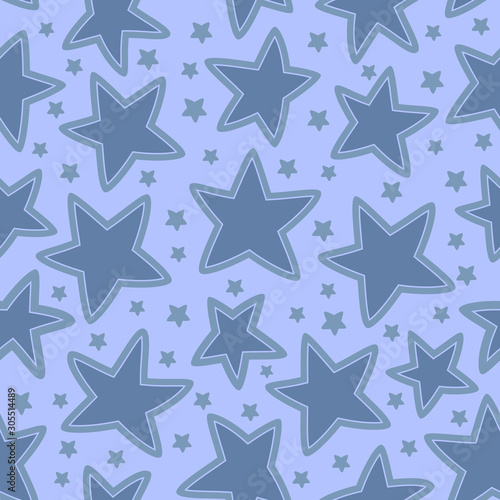 Stars seamless pattern on blue. Christmas holiday background. Night sky with small and big stars. Good for wrapping paper for the gift boxes.