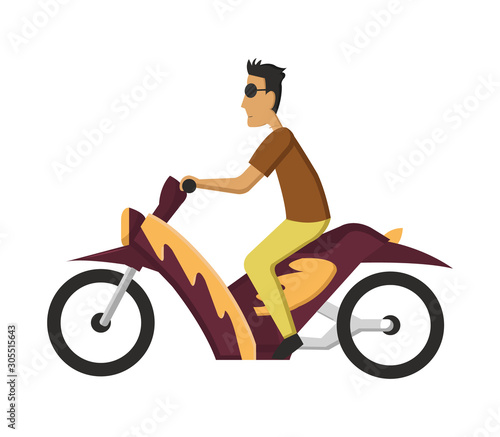 Vector modern creative flat design illustration featuring young man commuting on retro scooter. Man riding classic looking moped, side view