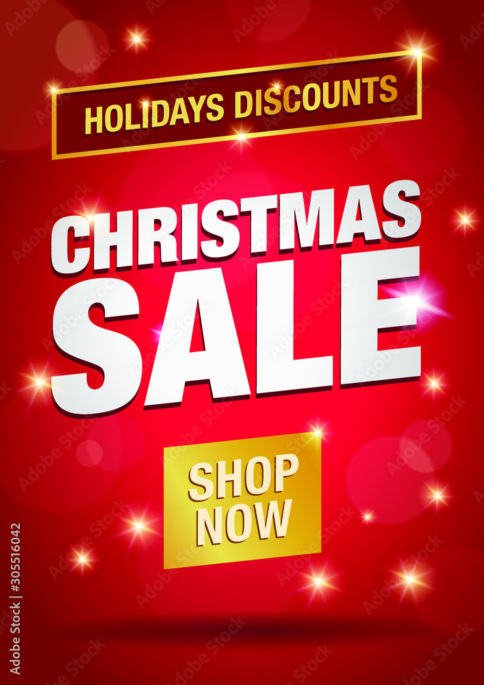 Fototapeta premium Christmas sale flyer. Vector template. holiday discount. Special Offer. Red background banner. Gold details. A4, A5 format. Happy new year.