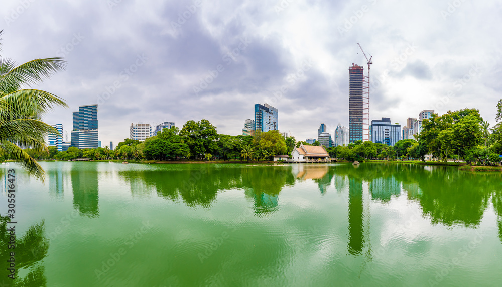 Naklejka premium Bangkok cityscape view from Lumpini park in city center. Panoramic photo of skyscrapers and futuristic buildings from metal and glass. View from the small lake in Lumpini park. Fresh green plants.