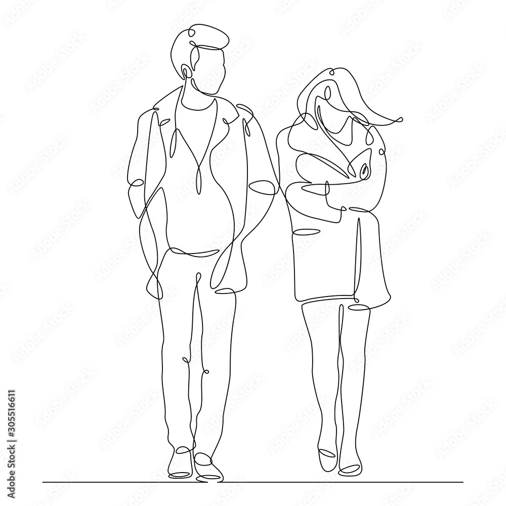 Couple walking together holding hands in continuous line art drawing style.  Loving man and woman. Romantic date. Black linear sketch isolated on white  background. Vector illustration Stock Vector | Adobe Stock