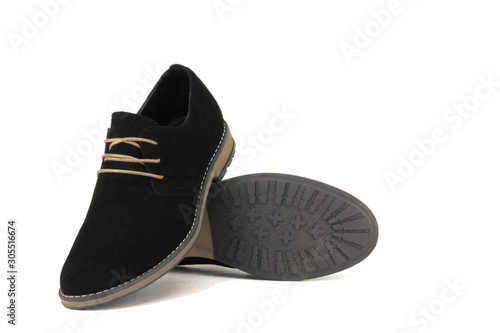 Black suede derby isolated on white background.