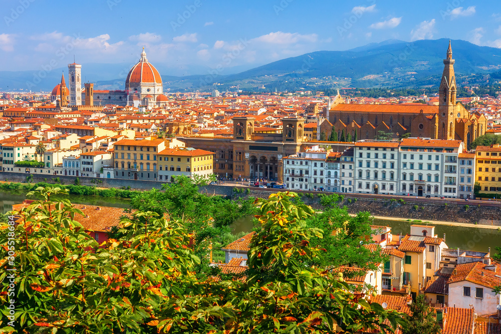 Beautiful view on Florence on bright summer day. Cathedral of Santa Maria del Fiore in Italy. Duomo of Florence