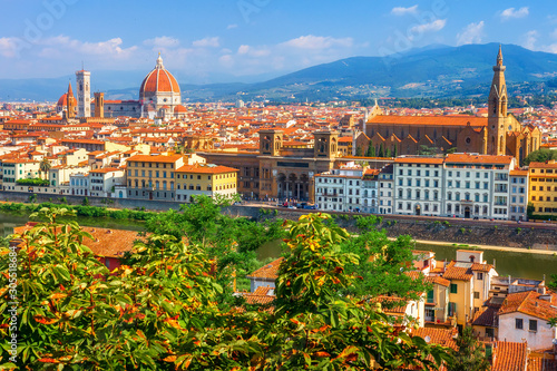 Beautiful view on Florence on bright summer day. Cathedral of Santa Maria del Fiore in Italy. Duomo of Florence