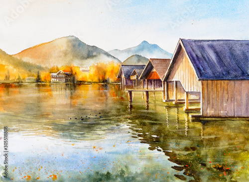 Yacht dock on the lake. Misty morning on the lake Grundlsee Location: resort Grundlsee, Liezen District of Styria, Austria, Alps. Europe.Pictute created with watercolors. photo