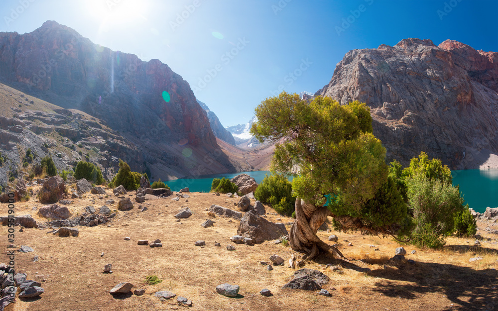 Beautiful landscape of Fann mountains with Greater Allo lake, Tajikistan. Amazing view on mountain lake Allo in Fann mountains