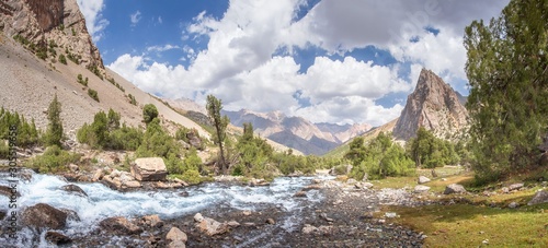 Scenic mountain landscape in Fann mountains, Tajikistan. Amazing view on mountain valley with water river