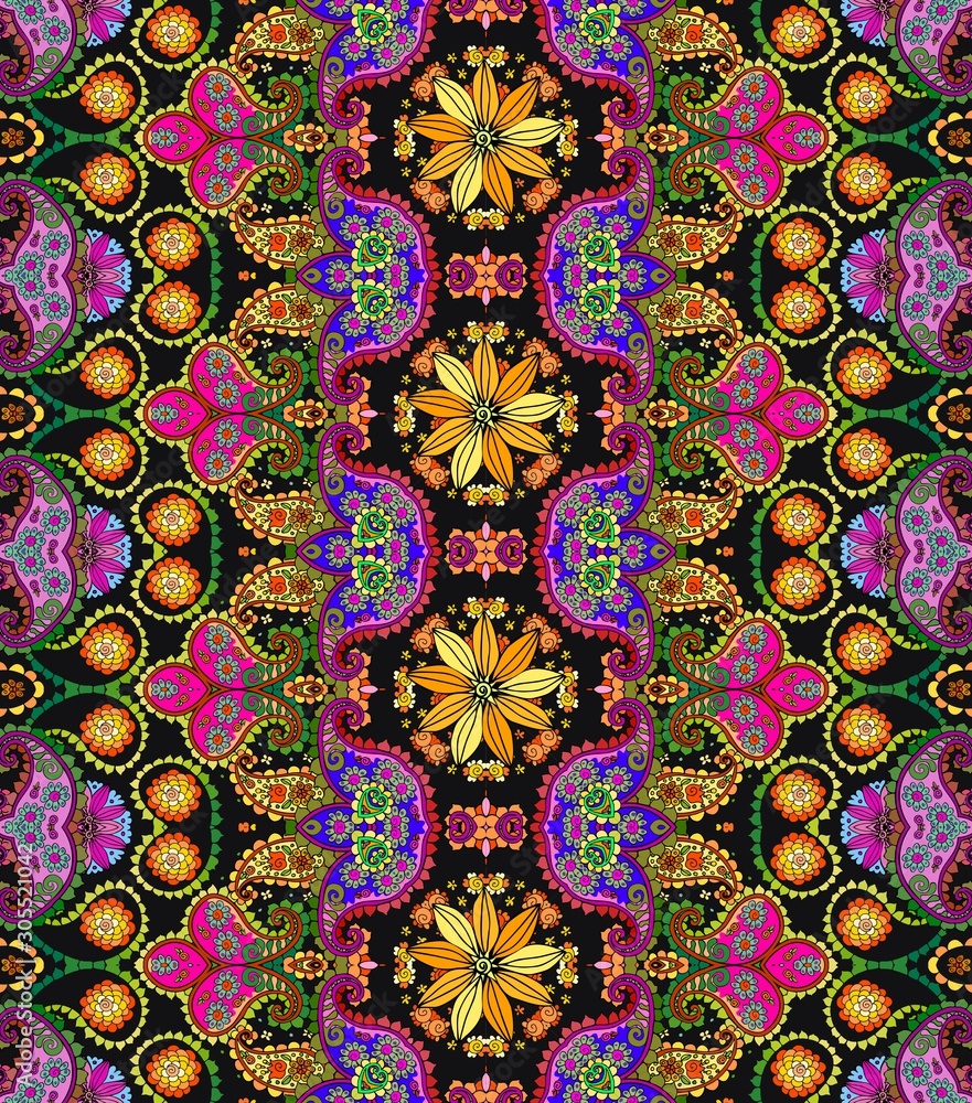 Bright seamless pattern in ethnic style. Colorful design with floral and paisley ornament. Print for fabric.