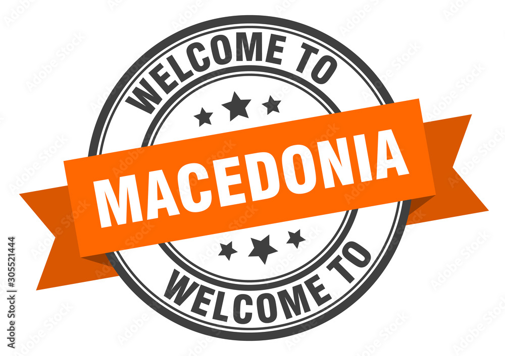 Macedonia stamp. welcome to Macedonia orange sign