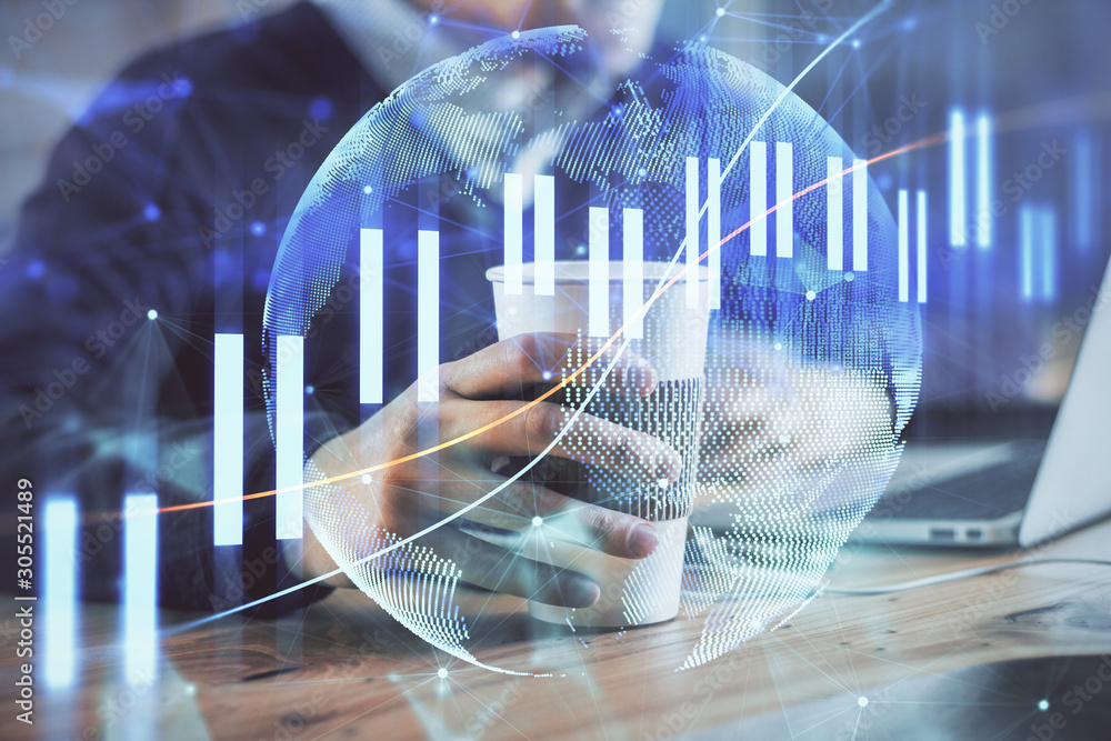 Forex graph with businessman working on computer in office on background. Concept of hardworking. Closeup. Multi exposure. Forex graph with businessman working on computer in office on background. Concept of hardworking. Closeup. Multi exposure.