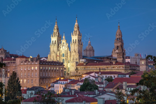 Santiago de Compostela, Spain. View of illuminated Cathedral at dusk