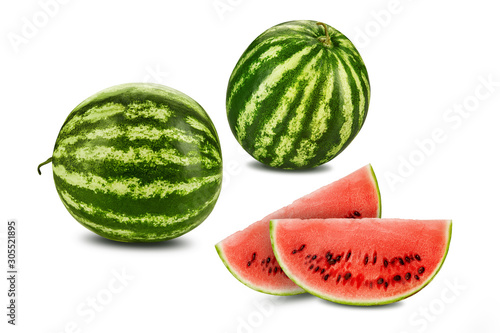 Green, striped watermelon isolated on white with copy space for text, images. Cross-section. Berry with pink flesh, black seeds. Side view. Close-up.