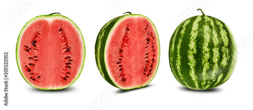 Green, striped watermelon isolated on white with copy space for text, images. Cross-section. Berry with pink flesh, black seeds. Side view. Close-up.