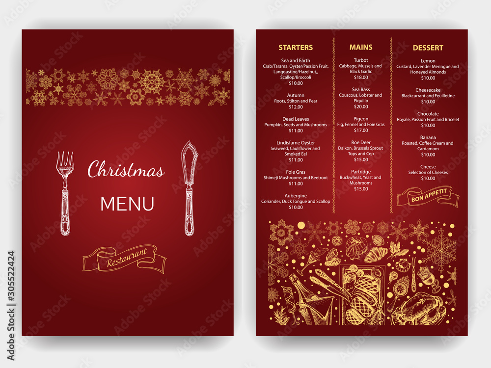 Vector illustration sketch - Greeting cards and holiday design. Vintage Xmas Menu. Christmas holiday invitation. Ornament with snowflakes. Vector illustration sketch - Greeting cards and holiday design. Vintage Xmas Menu. Christmas holiday invitation. Ornament with snowflakes.