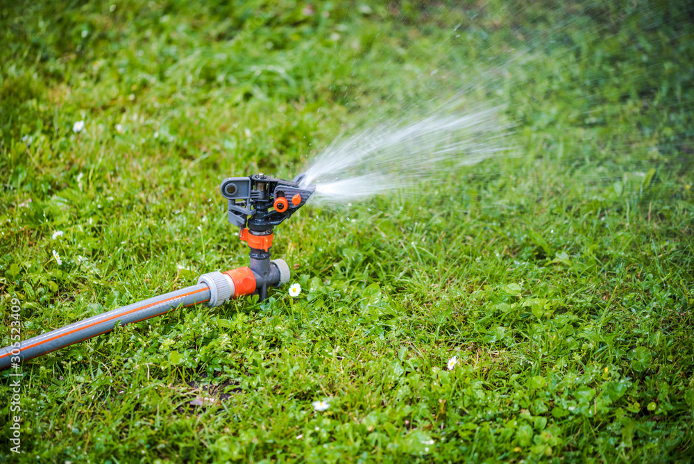 Naklejka premium Lawn sprinkler system and green grass meadow