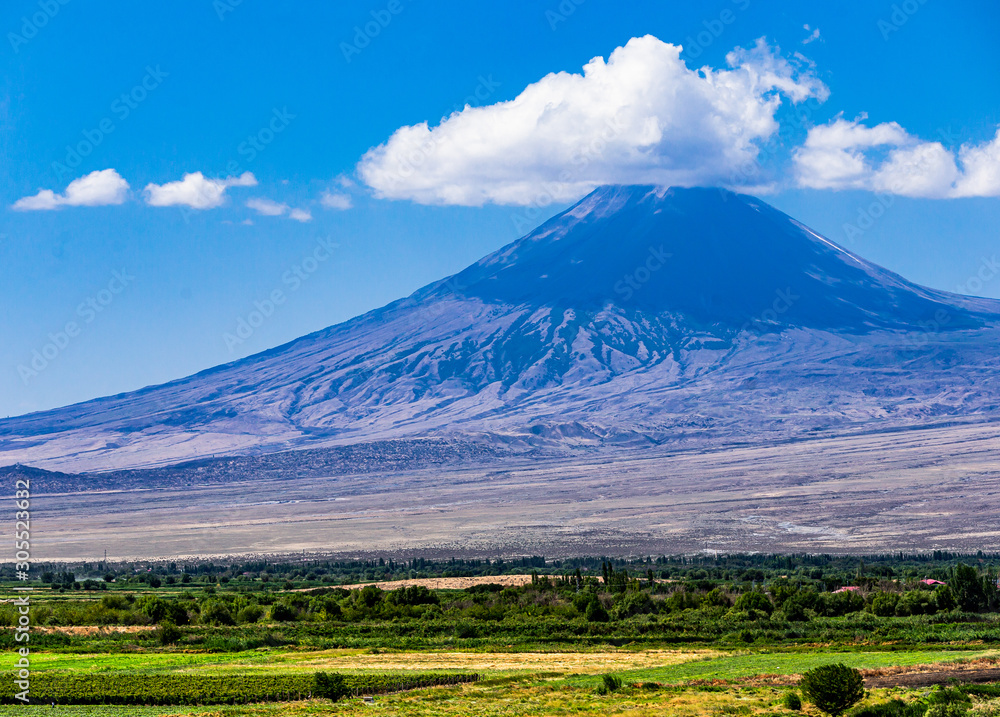 Ararat mountain. Ararat Plain. Armenia - Turkey border. Beautiful nature. Agricultural landscape. 