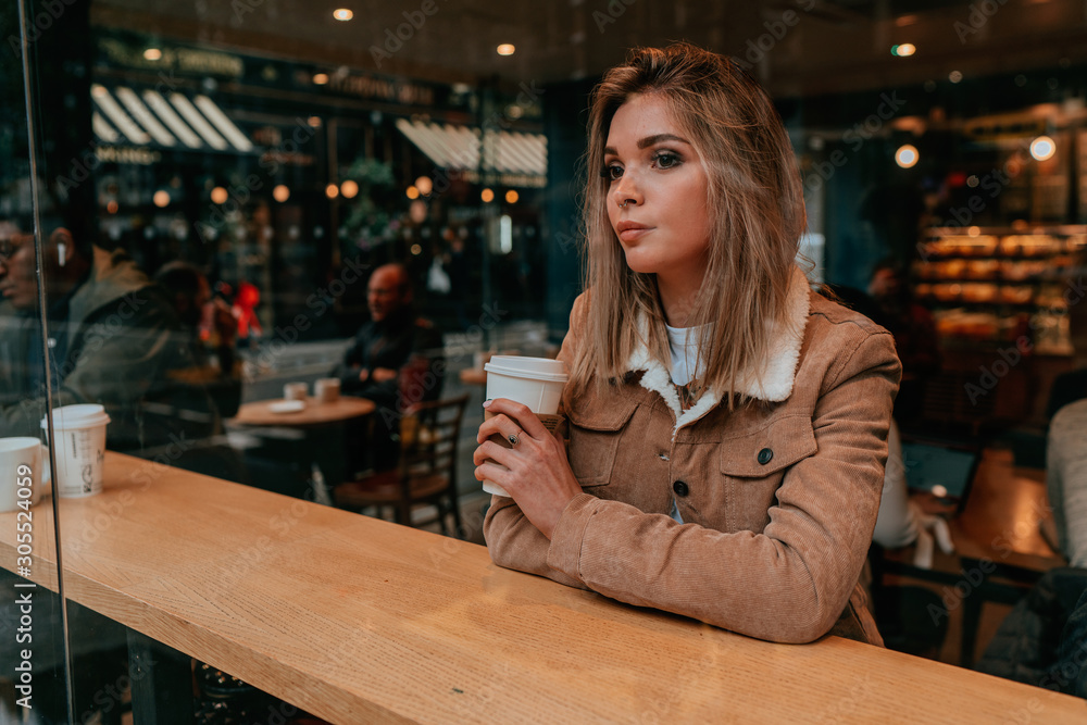 Portrait Charming Young Woman with Blonde Hair, Street Style Portrait Charming Young Woman with Blonde Hair, Street Style