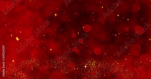 Red confetti snowflakes and bokeh lights on the red Merry Christmas background. Magical Happy new year texture. 3D renderinging