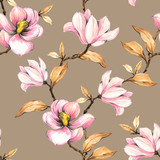 Seamless pattern with magnolias. Floral illustration on a brown background. Hand drawing, watercolor.  Design wallpaper, fabric and packaging