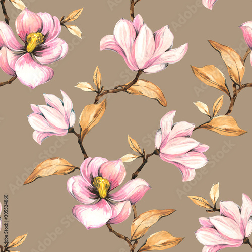 Seamless pattern with magnolias. Floral illustration on a brown background. Hand drawing  watercolor.  Design wallpaper  fabric and packaging