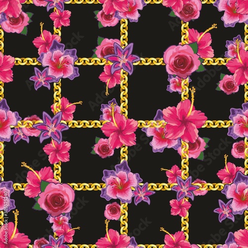 Pink rose and lily floral pattern with golden chains on black background. - illustration