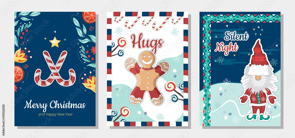 Set of Christmas and Happy New Year greeting cards with hand drawn decorative elements. Trendy vintage concept. Set of Christmas and Happy New Year greeting cards with hand drawn decorative elements. Trendy vintage concept.