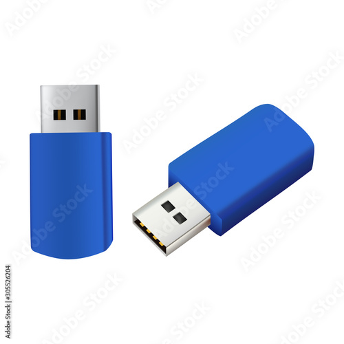 front and side view of realistic isolated blue usb flash drive on white background, concept for office device in vector illustration