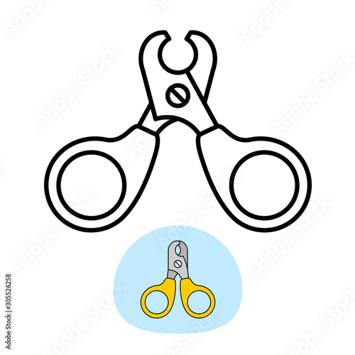 Pet nail clipper icon. Nails cutter for animals illustration. Short blade scissors. Adjustable stroke width.