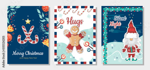 Set of Christmas and Happy New Year greeting cards with hand drawn decorative elements. Trendy vintage concept.